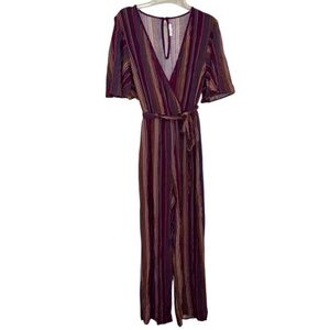 Maurices Red and Purple Jumpsuit with Wide-Leg Design and Vertical Stripes